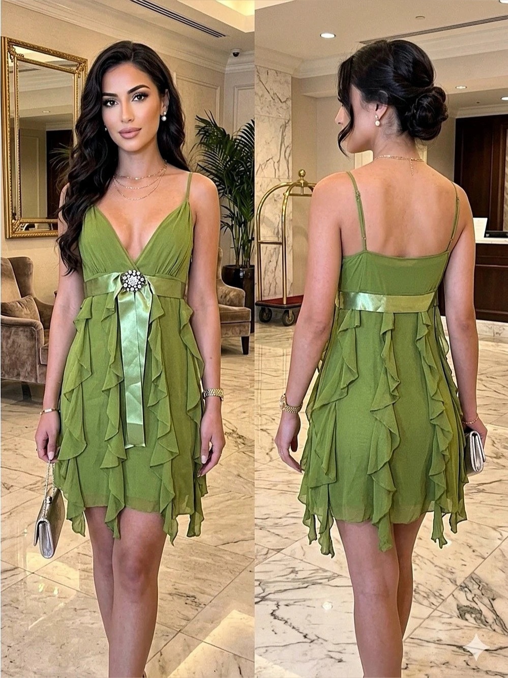 Y2K BCBGMAXAZRIA Silk Ruffle Mini Dress - Chartreuse
Green with Embellished Rhin